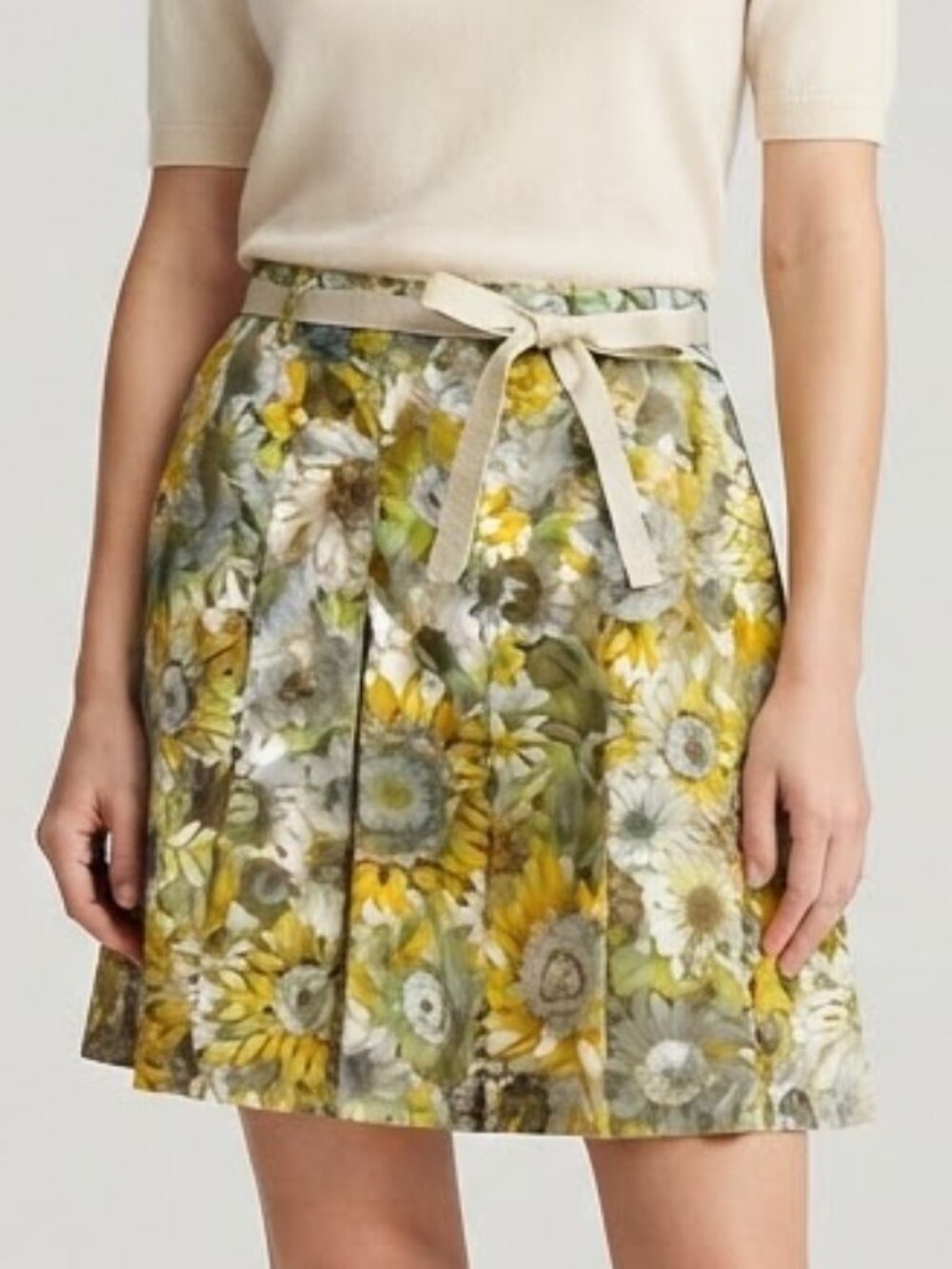 J. Crew NWOT Sunflower A-Line Pleated Skirt in Yellow, Green and Cream